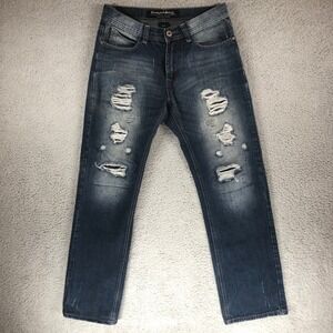 Bleecker & Mercer Mens Distressed Straight Leg Jeans Blue Ripped W32 L32